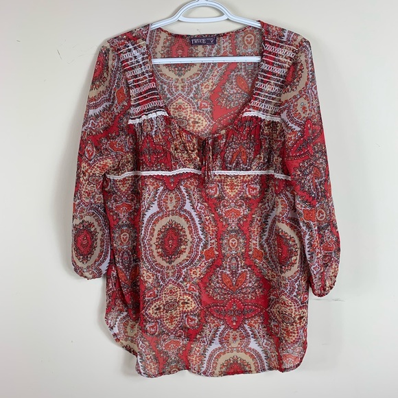Sheer paisley print blouse tie keyhole - Picture 1 of 5